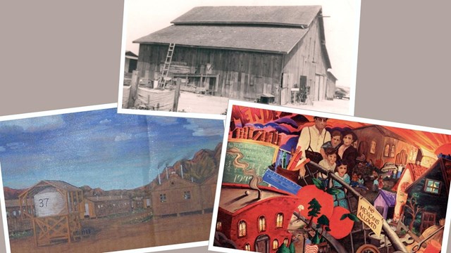 3 photo collage of black and white barn, painting of detention camp, & colorful mural
