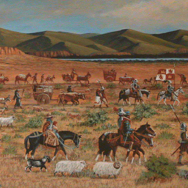 Painting of settlers traveling along the Camino Real