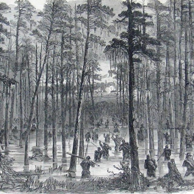 Drawing of soldiers charging through swamp.