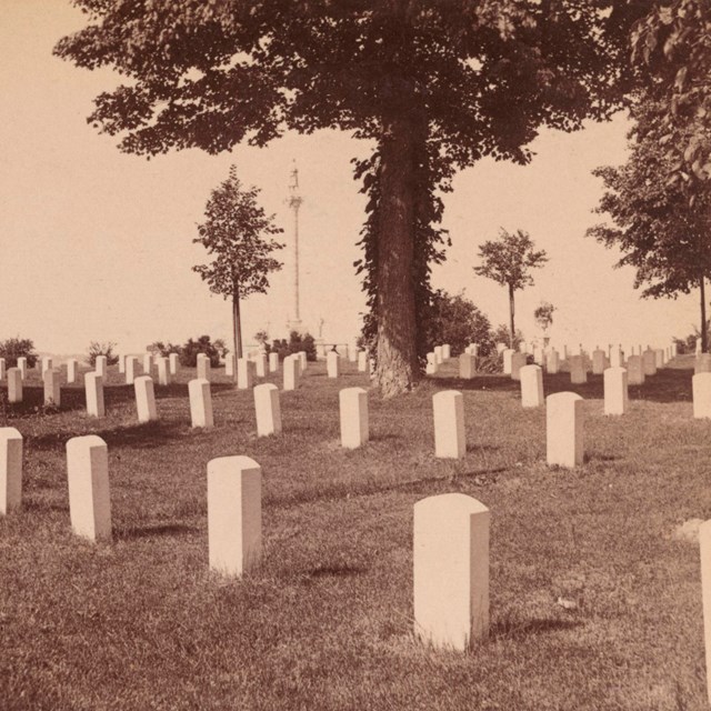 rows of gravestones with a tall column in the background