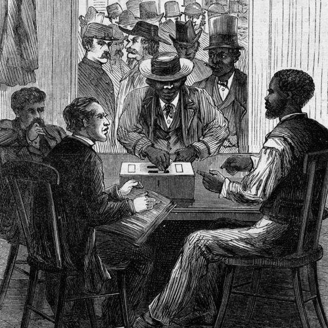 Line drawing of African American man placing ballot in ballot box while white men observe