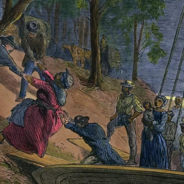 Drawing of men pulling an African American woman up a hill