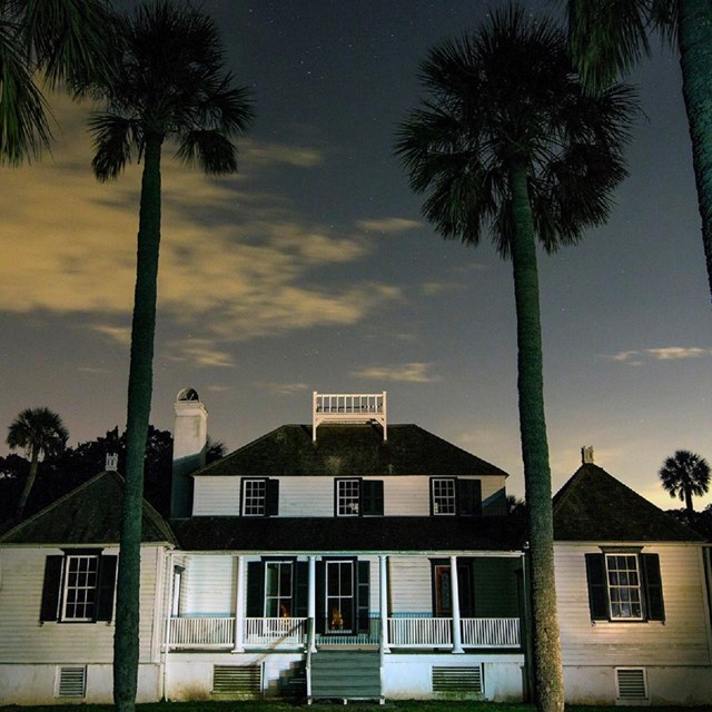 White house with tall palmetto trees at dusk