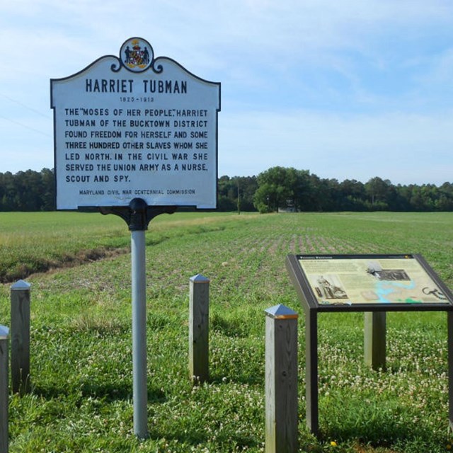 Historical signage in grass next to wayside sign