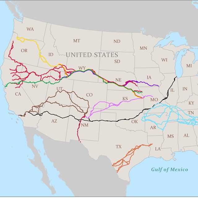 An image of the united states with trail depicted across it. 