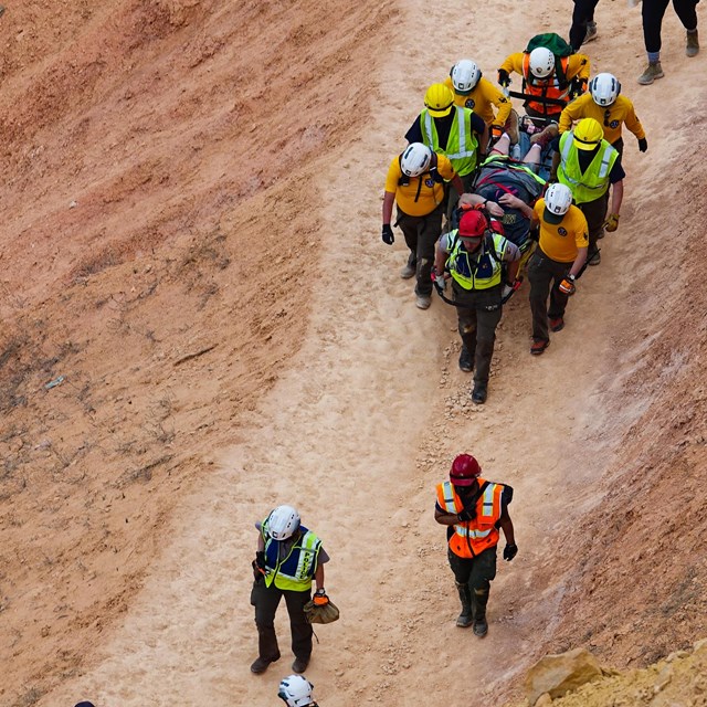 A group of people help carry a visitor out of the amphitheater on a stretcher.