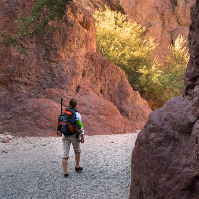 A person hikes in a canyon wash with towering, canyon walls on either side of them.