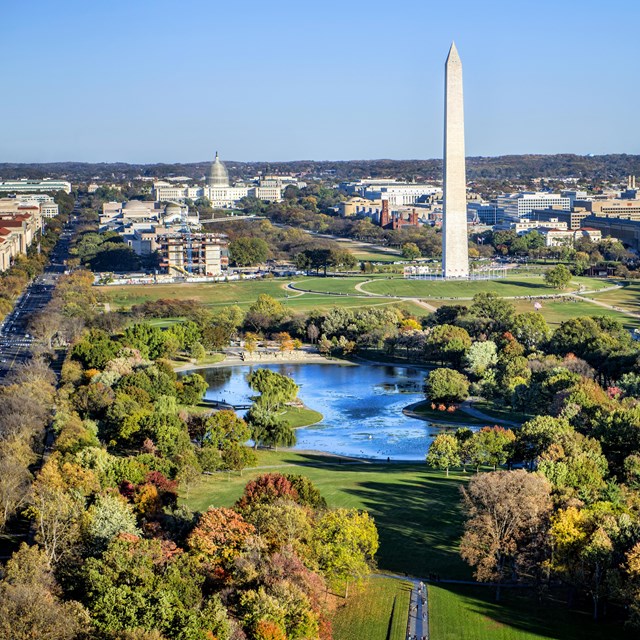 Aerial view of the National Mall. 