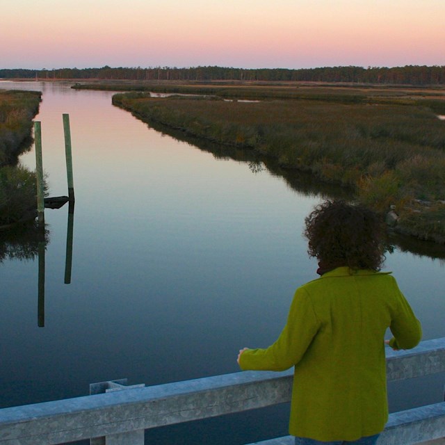 A visitor looks out over Stewart's Canal at dusk.