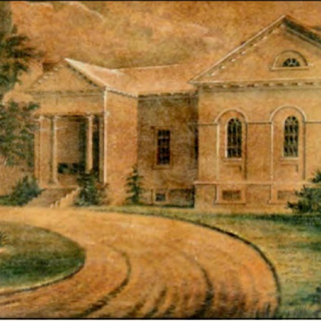 A drawing of a white house.