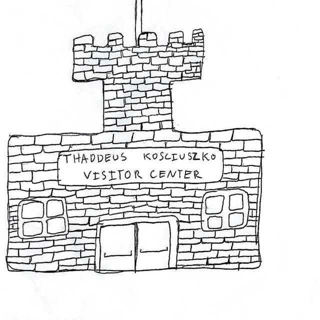 Black and white drawing of the exterior of a fort-like building with the words 