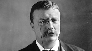 A black and white portrait of Roosevelt from the Library of Congress