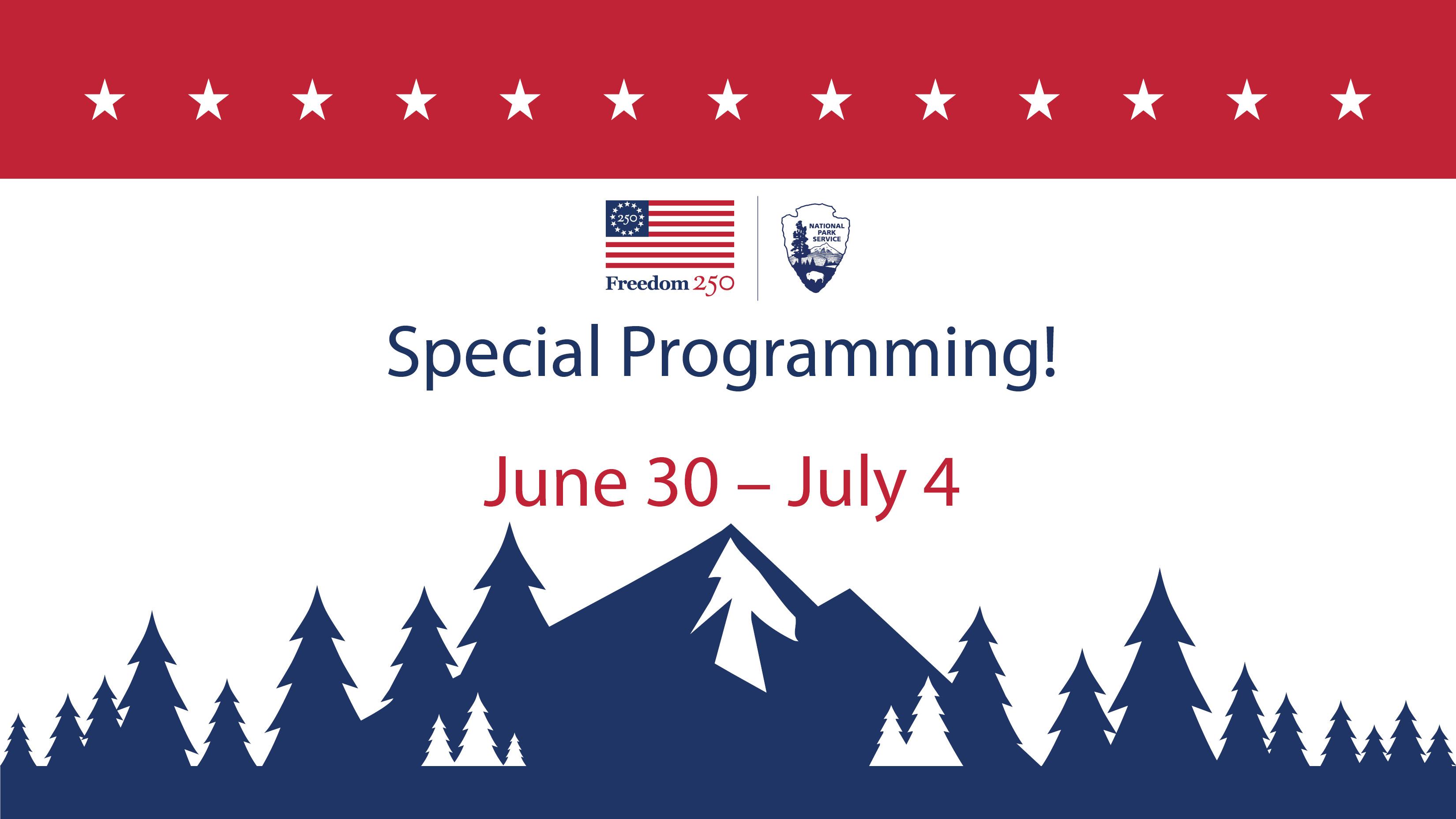 Graphic; top banner red with white stars, text in middle, & blue silhouette of trees/mountain.