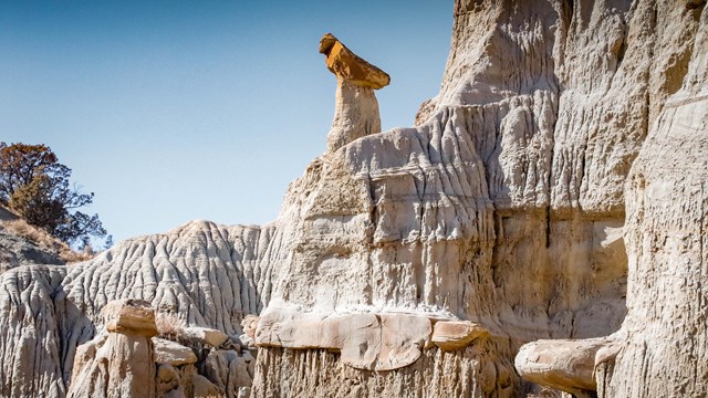 A side of a butte with scattered hoodoos.