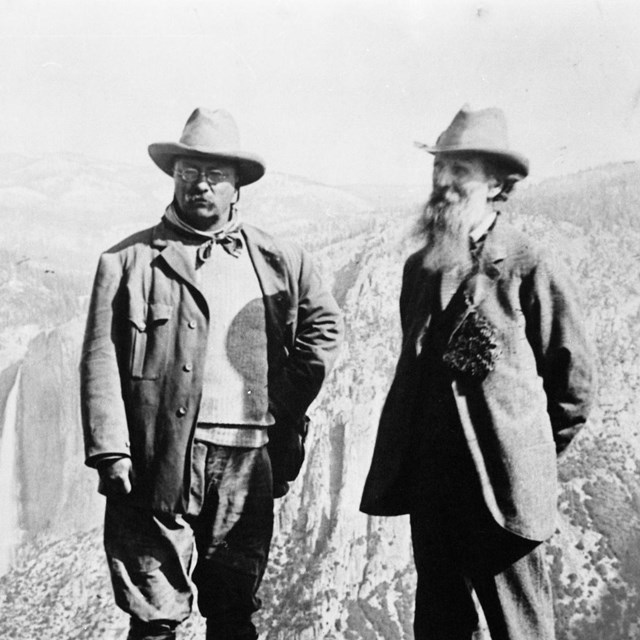 Theodore Roosevelt and John Muir at Glacier Point in Yosemite