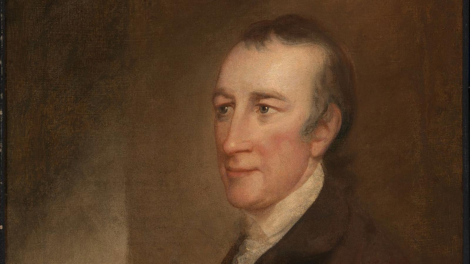 A painting of a white man in colonial era clothing with a brown background