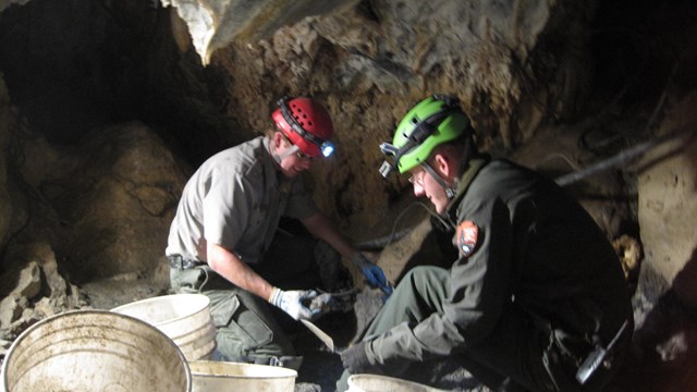 Rangers work to restore Middle Cave Lake, taking out debris to reach the natural cave floor.