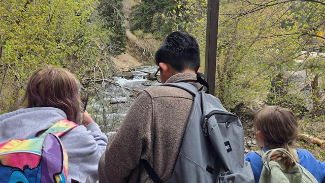 3 elementary-aged students stand on a bridge, watching the river. Their backs face the camera.