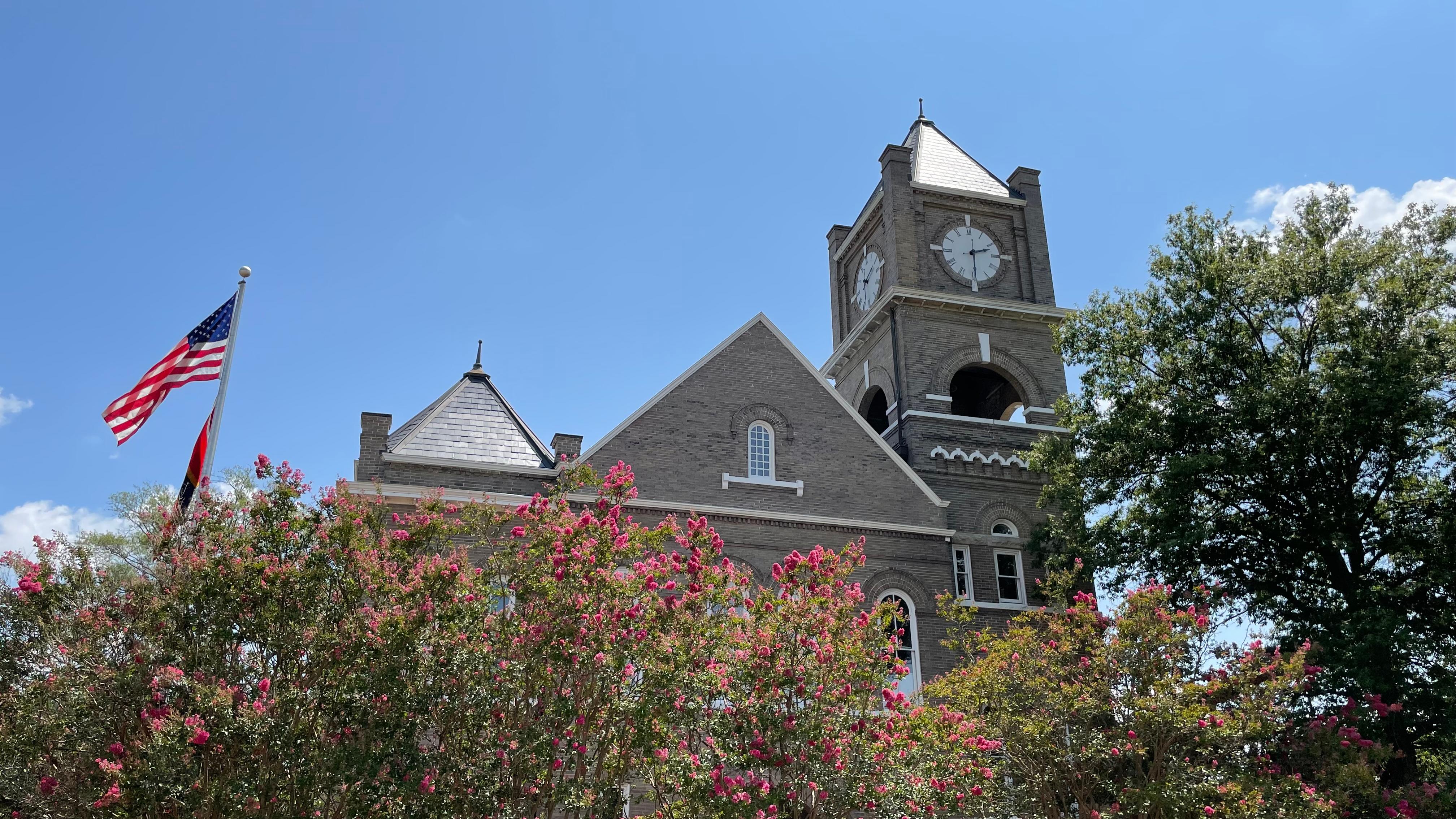Clock tower and building visible above flowering trees with an American flag and Mississippi flag