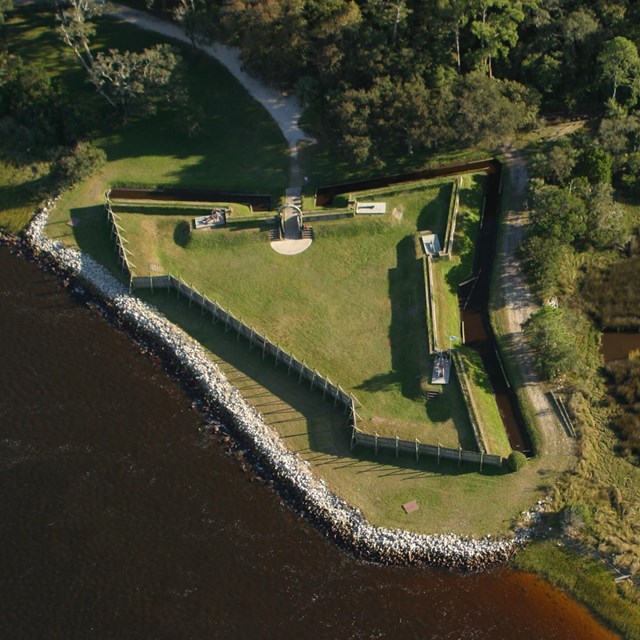 an overhead image of the triangular fort model at the rivers edge 