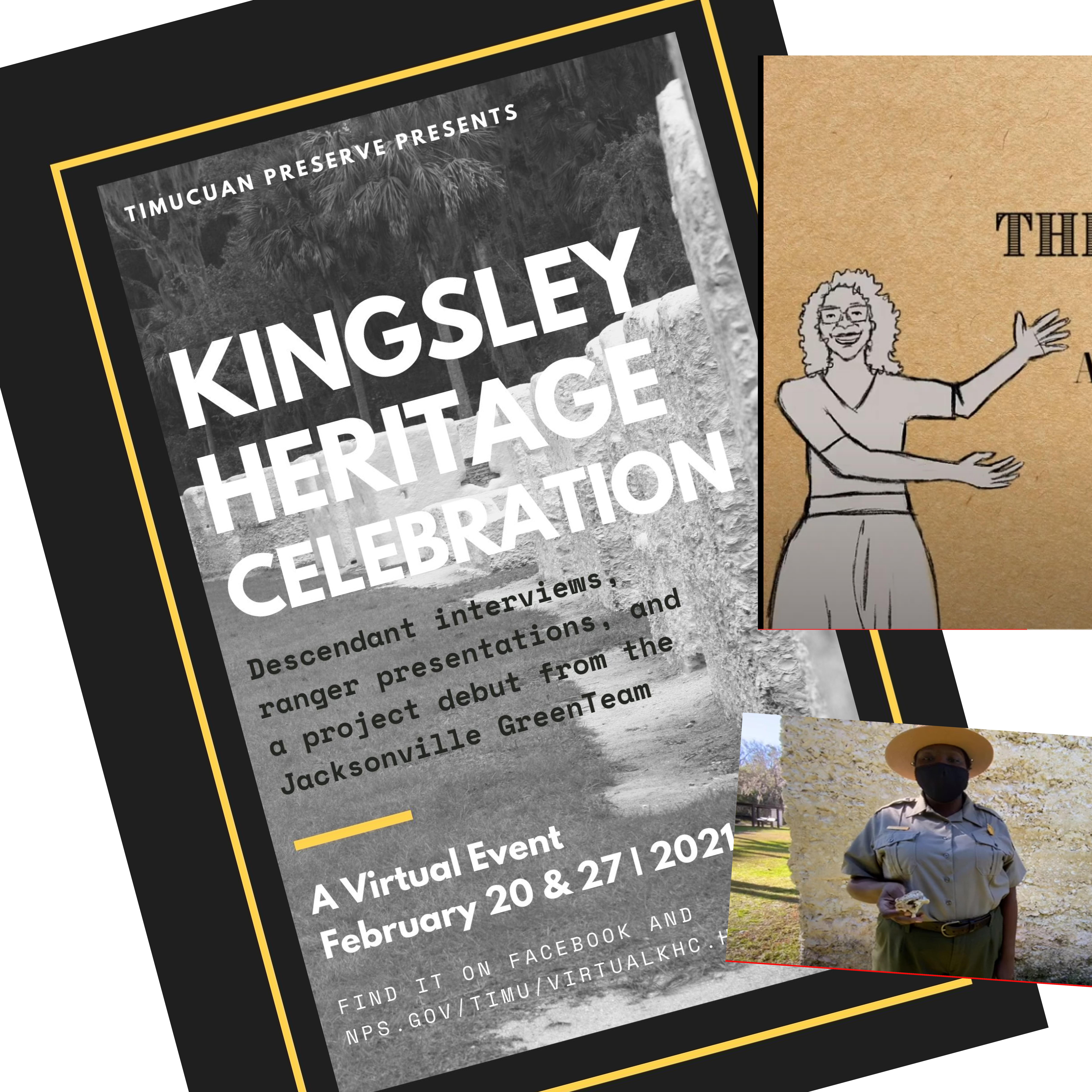 a scarp book style of a poster for the event, three images of park ranger and an animation