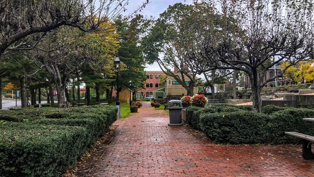 A brick walkway through a manicured park square.