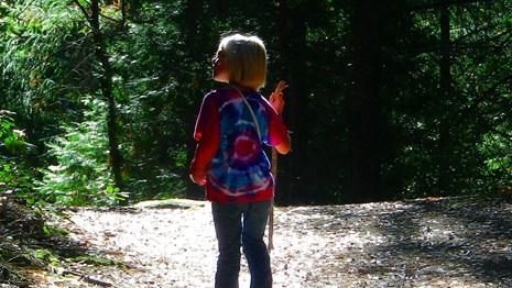 A youth walks down a dirt trail