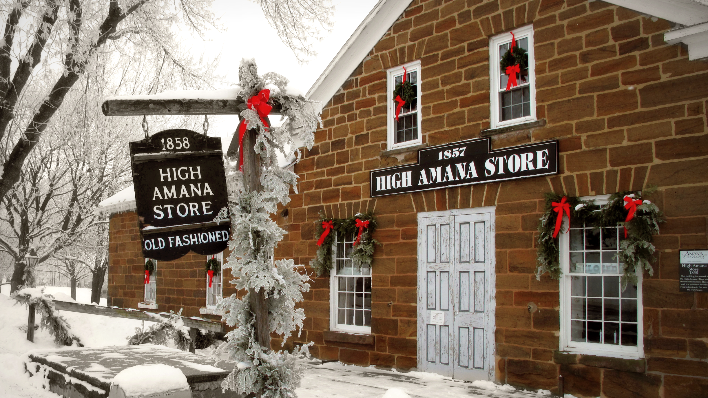 exterior of the high amana store after snow