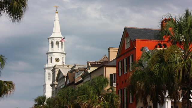 Photo of church steeple. 