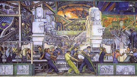 Colorful mural of laborers.