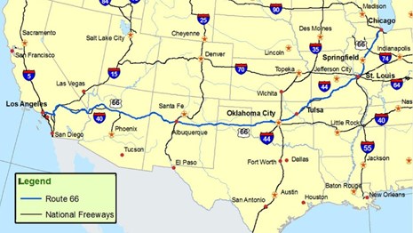 Map of western US with a line indicating Route 66. NPS map. 