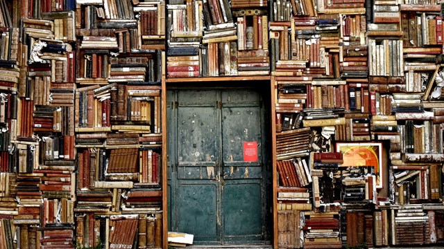 wall of books around a door