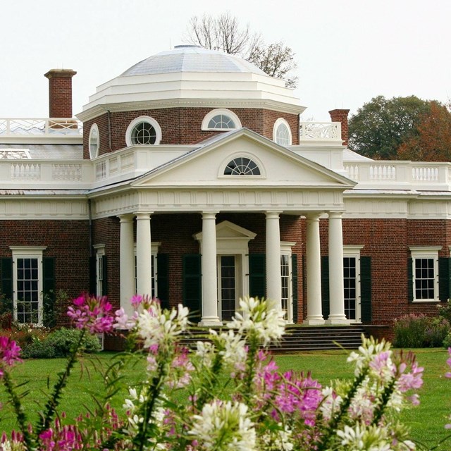 Photo of Monticello with flower in foreground. 