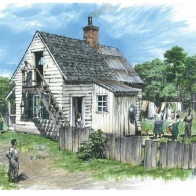 Drawing of two story home made of wood. 