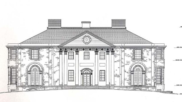 Drawing of historic building.