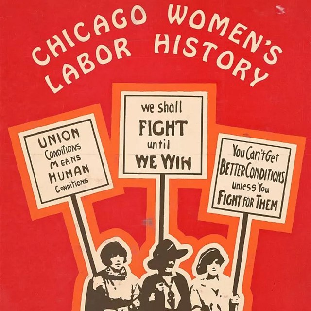 red poster with three women holding protest signs with the words 