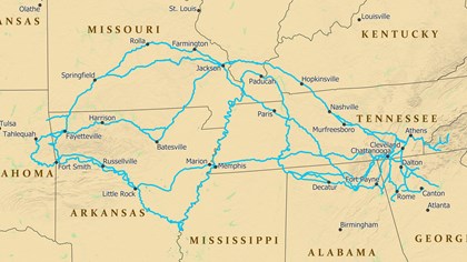 A map depicting trail routes from the southeast USA <a href=