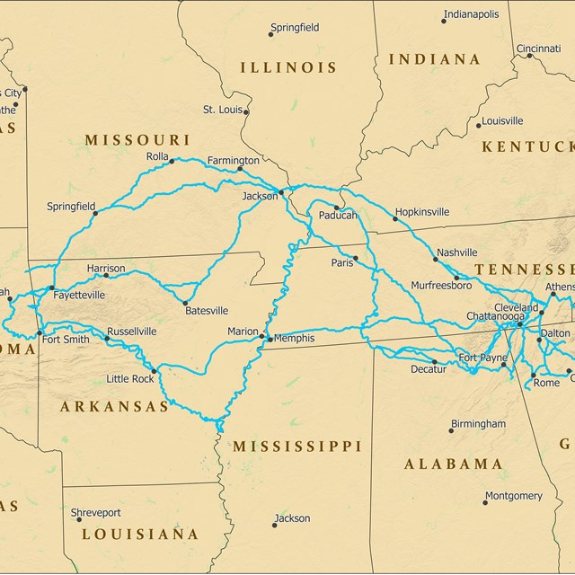 A map depicting trail routes from the southeast USA to eastern Oklahoma.