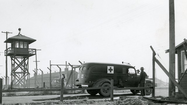 An ambulance entering the camp