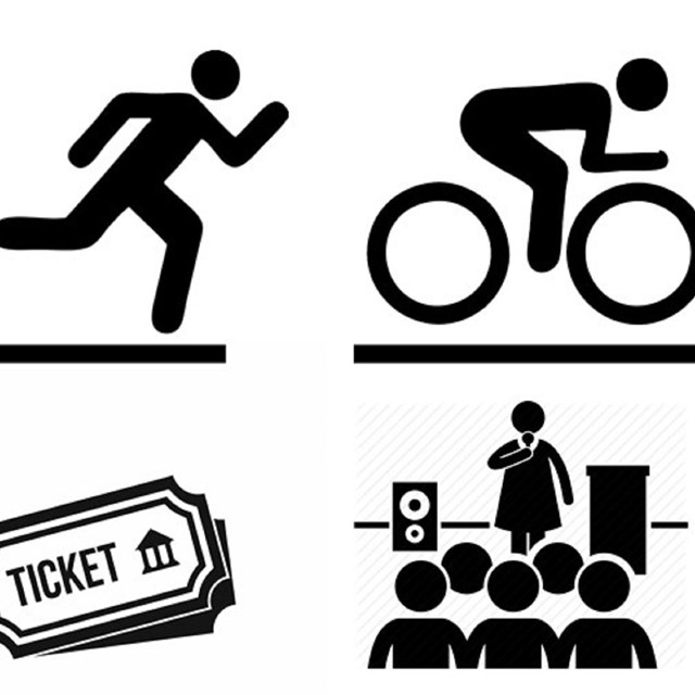 Clip art image of a runner, cyclist, ticket stub and people listening to a speaker