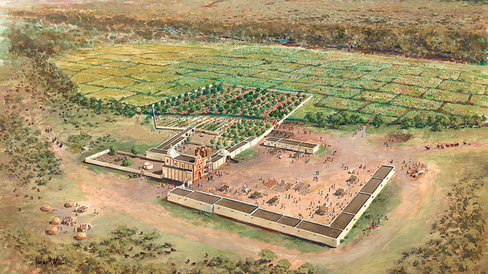 illustration of oblique aerial view with mission grounds, agricultural fields, and mountains