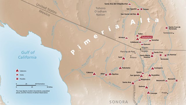 map of pimería alta with missions and presidios marked