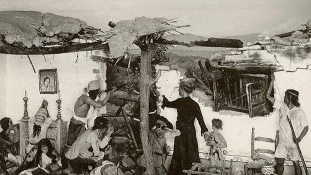 black and white photo of diorama battle scene