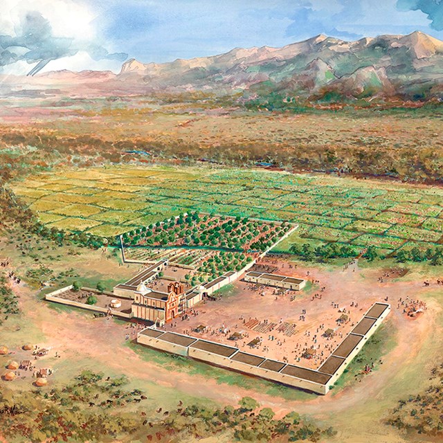 illustration of oblique aerial view with mission grounds, agricultural fields, and mountains