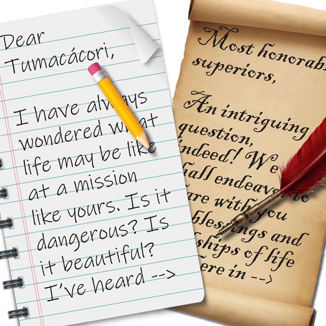 side-by-side graphic of letters on binder paper with pencil and parchment with quill pen