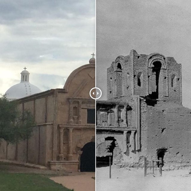 left side of image is modern photo of church, right side is historic photo of church