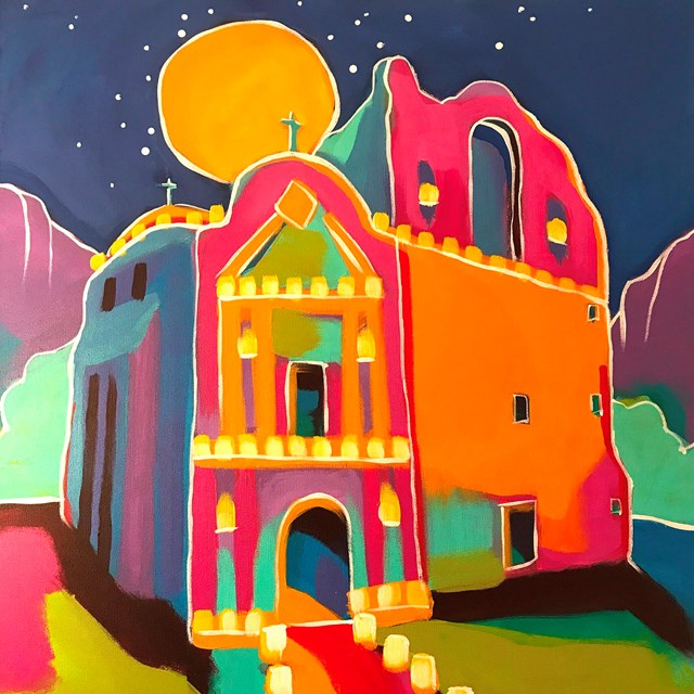 Colorful painting of church surrounded by lights.