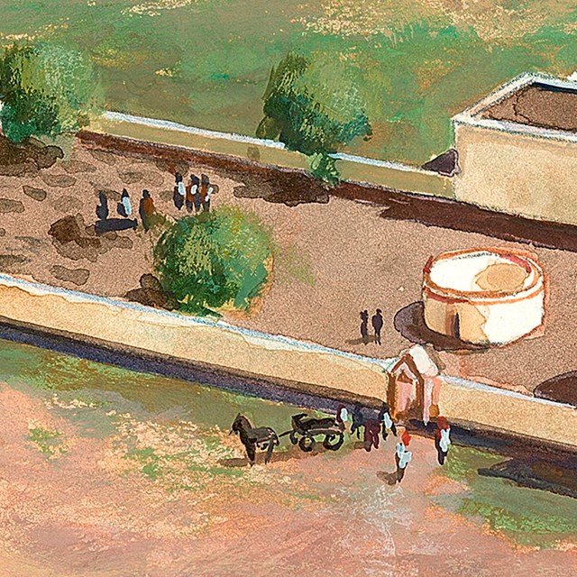 illustration of walled cemetery with round mortuary chapel inside