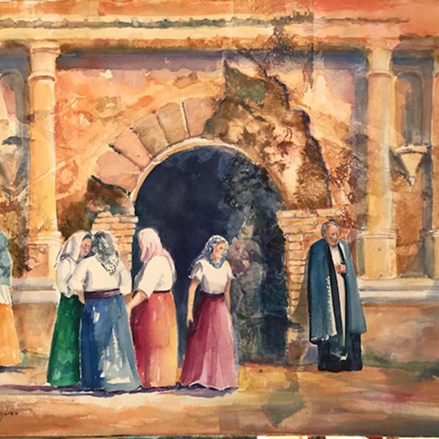 Watercolor painting of costumed figures in front of adobe church.