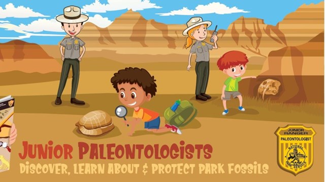 Junior Paleontologists observe fossils & read the junior paleontologist booklet with two park ranger